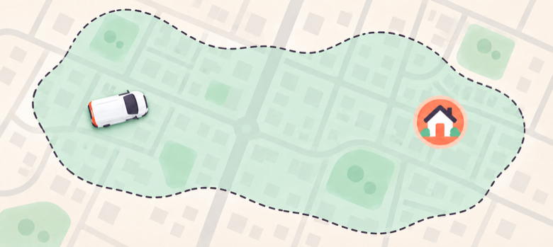 Mike's service vehicle and the customer's home are both inside his highlighted town-wide service area.