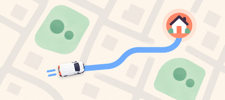 Illustrative route showing Mike's service vehicle on its way to the customer's home.