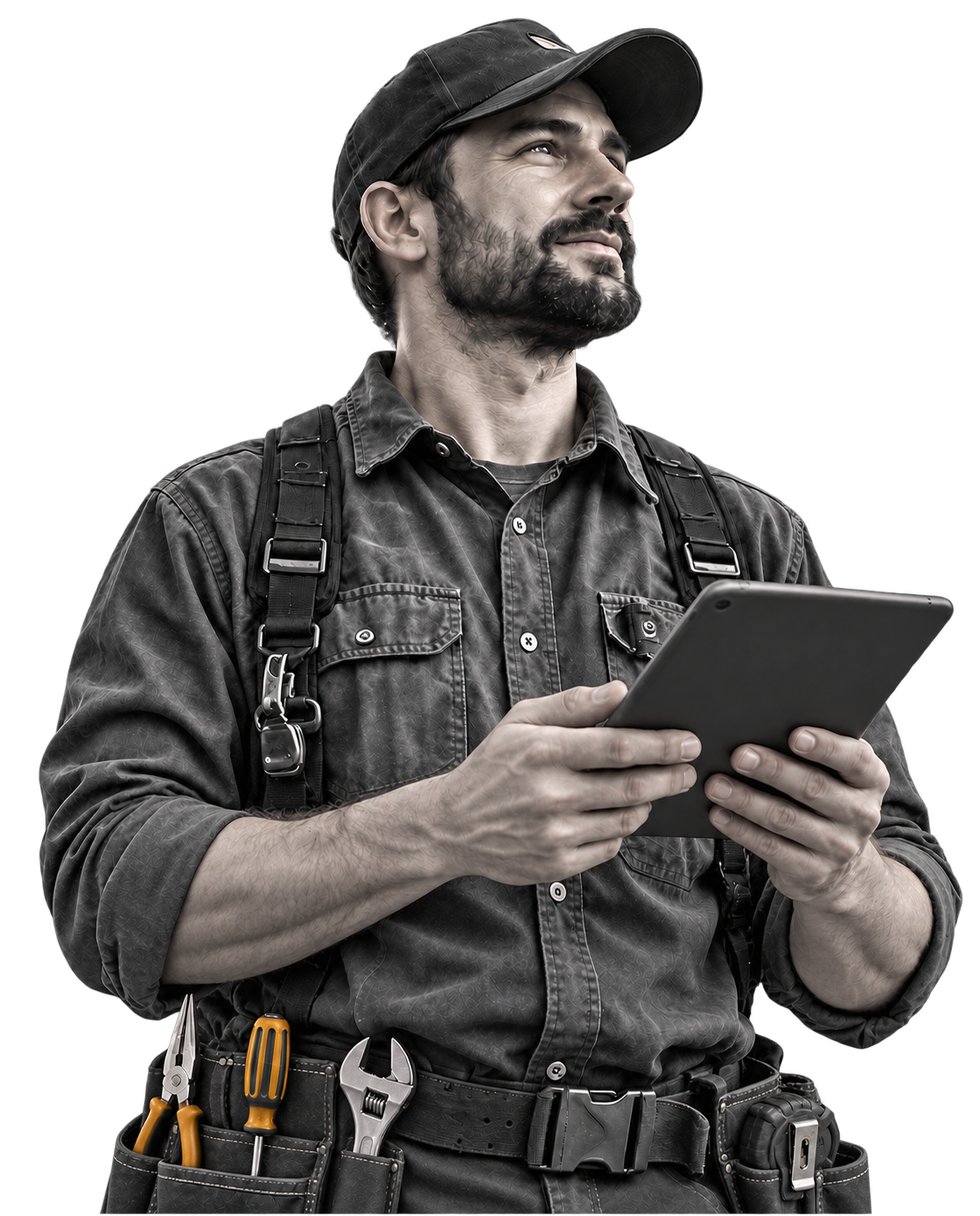 Field-service technician holding a tablet, ready for his next appointment.
